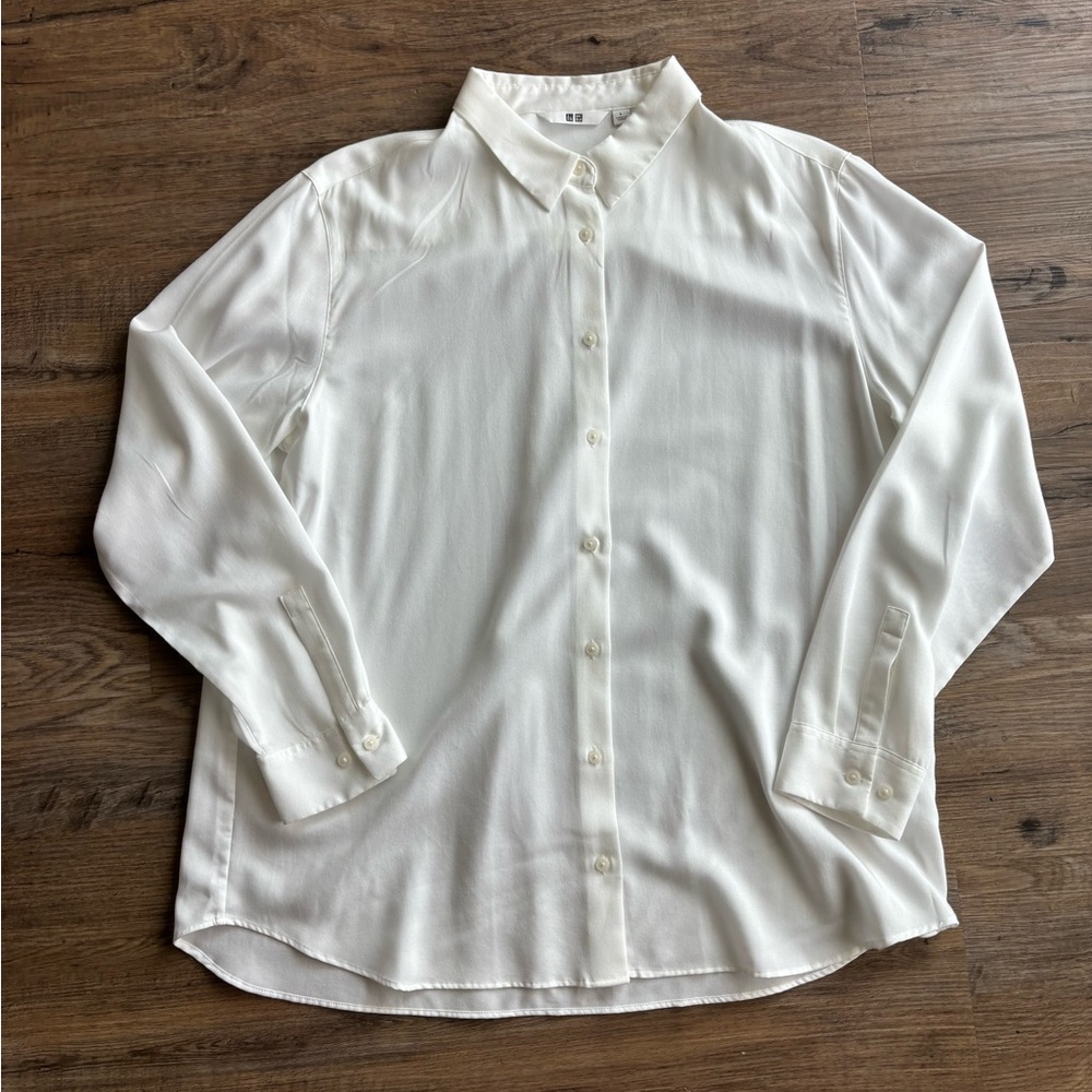 Uniqlo White Rayon Long Sleeve Blouse (large)